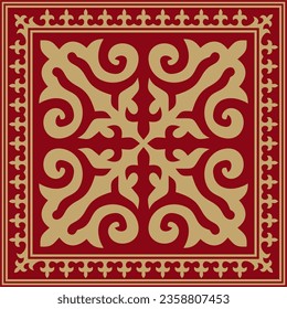 Vector red with gold Square Kazakh national ornament. Ethnic pattern of the peoples of the Great Steppe, 
Mongols, Kyrgyz, Kalmyks, Buryats.