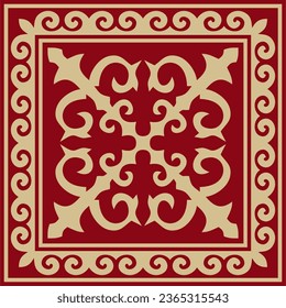 Vector red with gold Square Kazakh national ornament. Ethnic pattern of the peoples of the Great Steppe, Mongols, Kyrgyz, Kalmyks, Buryats.
