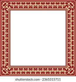 Vector red with gold Square Kazakh national ornament. Ethnic pattern of the peoples of the Great Steppe, 
Mongols, Kyrgyz, Kalmyks, Buryats. Square frame border.