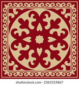 Vector red with gold Square Kazakh national ornament. Ethnic pattern of the peoples of the Great Steppe, Mongols, Kyrgyz, Kalmyks, Buryats.
