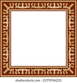 Vector red with gold Square Kazakh national ornament. Ethnic pattern of the peoples of the Great Steppe, Mongols, Kyrgyz, Kalmyks, Buryats. Square frame border.
