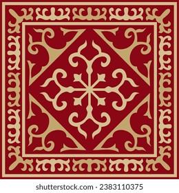 Vector red with gold Square Kazakh national ornament. Ethnic pattern of the peoples of the Great Steppe, Mongols, Kyrgyz, Kalmyks, Buryats.
