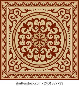 Vector red with gold Square Kazakh national ornament. Ethnic pattern of the peoples of the Great Steppe, 
Mongols, Kyrgyz, Kalmyks, Buryats.