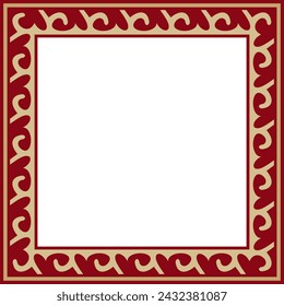 Vector red with gold Square Kazakh national ornament. Ethnic pattern of the peoples of the Great Steppe, 
Mongols, Kyrgyz, Kalmyks, Buryats. Square frame border.