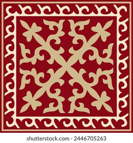 Vector red with gold Square Kazakh national ornament. Ethnic pattern of the peoples of the Great Steppe, 
Mongols, Kyrgyz, Kalmyks, Buryats.