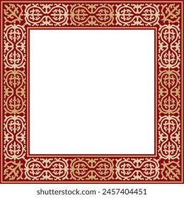 Vector red with gold Square Kazakh national ornament. Ethnic pattern of the peoples of the Great Steppe, 
Mongols, Kyrgyz, Kalmyks, Buryats. Square frame border.