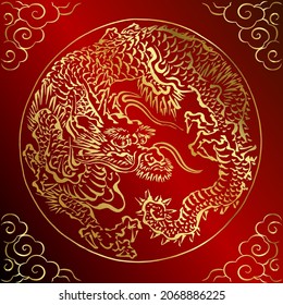 Vector red golden ball shape oriental dragon on red gradient background.