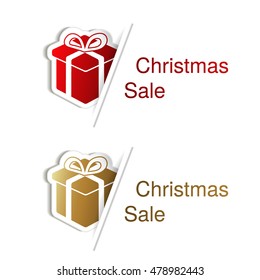 Vector red and golden Christmas gift with label for advertising text on the white background, stickers with shadow 
