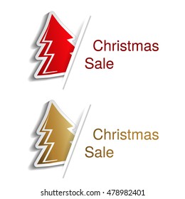 Vector red and golden Christmas tree with label for advertising text on the white background, stickers with shadow 
