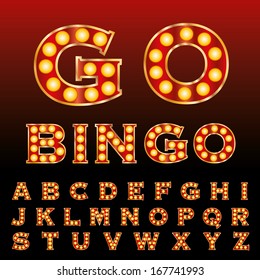 vector red golden entertainment and casino letters with bulb lamps 