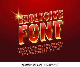 Vector Red and Golden Exclusive Font. Chic 3D Alphabet Letters, Numbers and Symbols