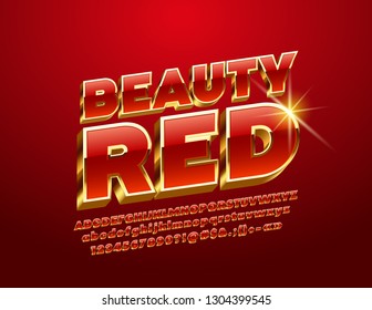 Vector Red and Golden modern 3D Font. Chic rotated Alphabet Letters, Numbers and Symbols.