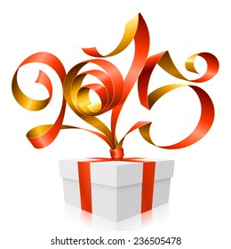 Vector red golden ribbon in the shape of 2015 and gift box. Symbol of New Year