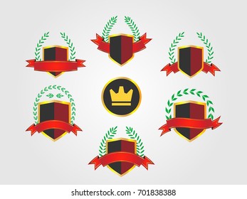 Vector red and golden shields laurel wreaths with red banners and golden crown