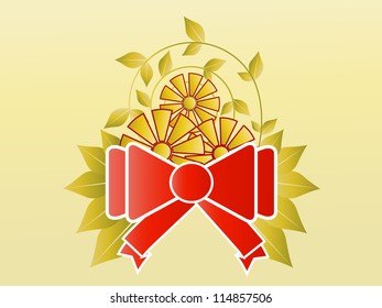 Vector Red Gradient Bow with Floral Ornaments and Flowers on Beautiful Bright Background