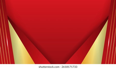 Vetor fundo de luxo geométrico gradiente vermelho com efeito de luz brilhante e elementos de linha de ouro.
