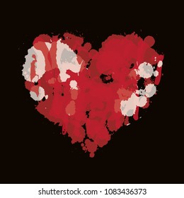 Vector red graphic abstract illustration of heart sign with ink blots, brush strokes, drops. Bloody heart with spots and splashes on black background