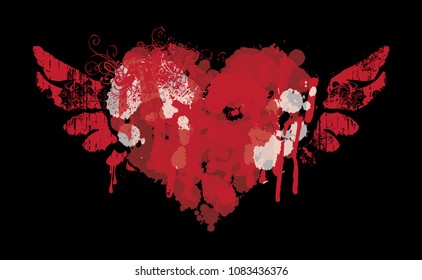 Vector red graphic abstract illustration of flying heart with wings with ink blots, brush strokes, drops. Bloody heart and wings with spots and splashes on black background. T-shirt design template