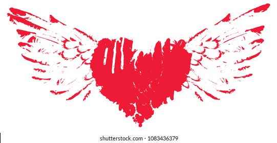 Vector red graphic abstract illustration of flying heart with wings with ink blots, drops. Bloody heart and wings with spots and splashes isolated on white background
