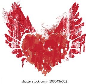 Dibujo gráfico vectorial de ilustraciones abstractas del corazón con alas con manchas de tinta, gotas. Corazón sangriento y alas con manchas y salpicaduras aisladas en fondo blanco. Corazón volador. Plantilla de diseño de pantalones T