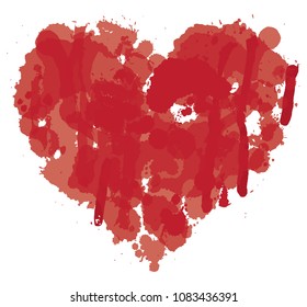 Vector red graphic abstract illustration of heart sign with ink blots, brush strokes, drops. Bloody heart with spots and splashes isolated on white background