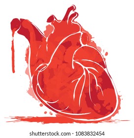 Dibujo gráfico vectorial y abstracto del corazón humano con manchas de tinta, gotas y goteo. Corazón sangriento con manchas y salpicaduras de fondo blanco. Plantilla de diseño de pantalones T