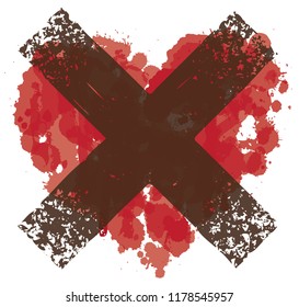 Vector red graphic abstract illustration of crossed-out heart sign with ink blots, brush strokes, drops. Bloody heart and dark cross. T-shirt design template