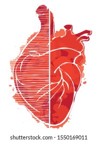 Vector red graphic abstract illustration of human heart with ink blots, drops and drips. Bloody heart with spots and splashes on white background. T-shirt design template