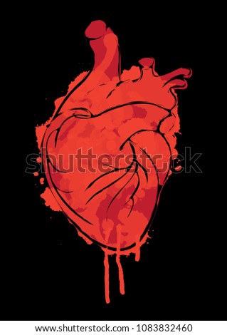 Vector red graphic abstract illustration of human heart with ink blots, drops and drips. Bloody heart with spots and splashes on black background. T-shirt design template