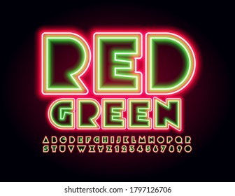 Alfabeto abstracto vectorial rojo y verde. Fuente de Neon creativa. Letras y números eléctricos modernos