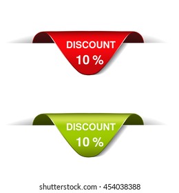 Vector red and green advertising label with text 10% discount. Bent bookmarks, ribbons.
