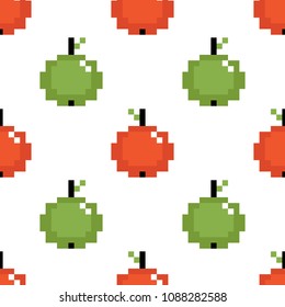 Vector red and green apples in pixel style seamless pattern background.