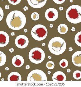 Vector Red Green Apples in White Circles on Green Seamless Repeat Pattern