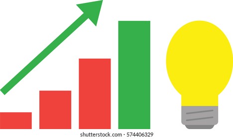 Vector red and green bar chart with yellow light bulb and arrow pointing up.