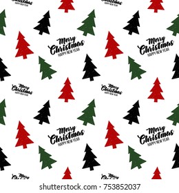 Vector red, green, black fir trees and merry Christmas frame seamless pattern. Merry Christmas and happy new year greeting card backdrop design. Retro hand drawn flat art on white background.