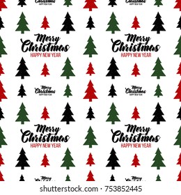 Vector red, green, black fir trees and merry Christmas frame seamless pattern. Merry Christmas and happy new year greeting card backdrop design. Retro hand drawn flat art on white background.