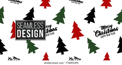 Vector red, green, black fir trees and merry Christmas frame seamless pattern. Merry Christmas and happy new year greeting card backdrop design. Retro hand drawn flat art on white background.