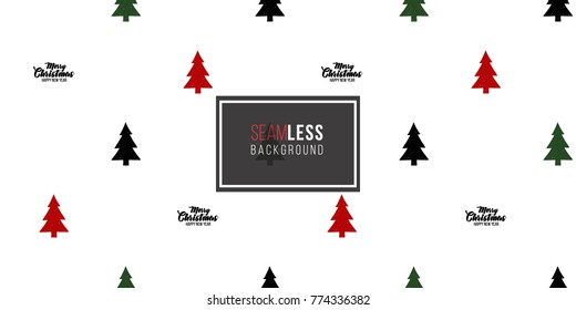 Vector red, green, black fir trees and merry Christmas frame seamless pattern. Merry Christmas and happy new year greeting card backdrop design. Retro hand drawn flat art on white background.