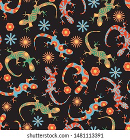 Vector Red Green Blue Orange Yellow Floral Lizards on Black Seamless Repeat Pattern