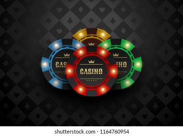 Vector red green blue yellow casino poker chip with luminous light elements. Black silk card suits background. Blackjack or online casino web banner, logo or poster