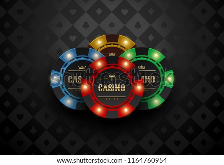 Vector red green blue yellow casino poker chip with luminous light elements. Black silk card suits background. Blackjack or online casino web banner, logo or poster