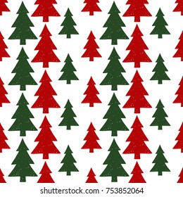 Vektorrotes und grünes Weihnachtsbaummuster nahtlos. Frohe Weihnachten und glückliches neues Jahr Grußkartenhintergrund Design. Retro handgezeichnete, flache Kunst auf weißem Hintergrund.