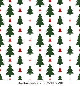 Vector red and green christmas tree seamless pattern. Merry Christmas and happy new year greeting card backdrop design. Retro hand drawn flat art on white background.