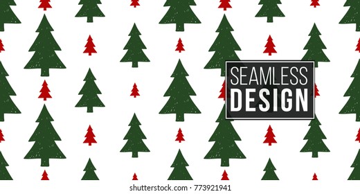 Vector red and green christmas tree seamless pattern. Merry Christmas and happy new year greeting card backdrop design. Retro hand drawn flat art on white background.