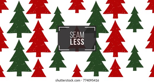 Vector red and green christmas tree seamless pattern. Merry Christmas and happy new year greeting card backdrop design. Retro hand drawn flat art on white background.