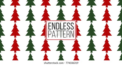 Vector red and green christmas tree seamless pattern. Merry Christmas and happy new year greeting card backdrop design. Retro hand drawn flat art on white background.