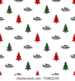 Vector red green fir-trees and merry christmas inscription seamless pattern. Merry Christmas and happy new year greeting card backdrop design. Retro hand drawn flat art on white background.