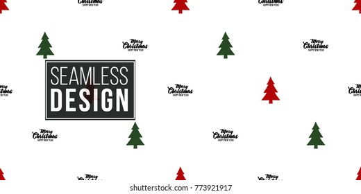 Vector red green fir-trees and merry christmas inscription seamless pattern. Merry Christmas and happy new year greeting card backdrop design. Retro hand drawn flat art on white background.