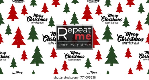 Vector red green fir-trees and merry christmas inscription seamless pattern. Merry Christmas and happy new year greeting card backdrop design. Retro hand drawn flat art on white background.