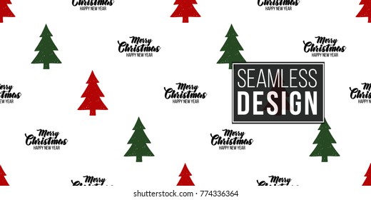 Vector red green fir-trees and merry christmas inscription seamless pattern. Merry Christmas and happy new year greeting card backdrop design. Retro hand drawn flat art on white background.